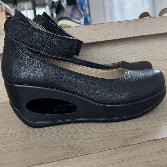 Fly London Shoes - Fly London Black Ankle Strap Wedge Heel with Cutout HOLE 38
